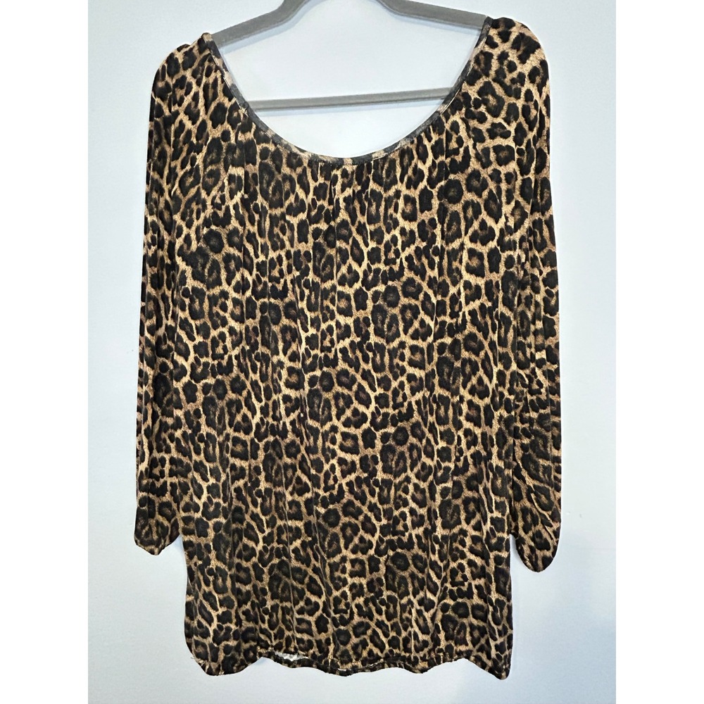 Michael Michael Kors Leopard Print Scoop Neck‎ 3/4 Sleeve Blouse Brown Large - Picture 2 of 9